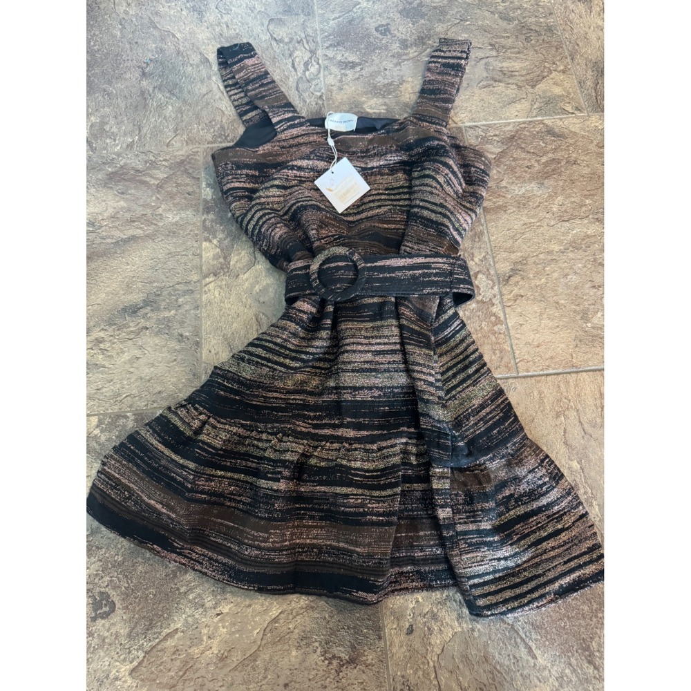 NWT $216 Designer Lavender Brown Bronze Metallic Striped Dress Party Cocktail S